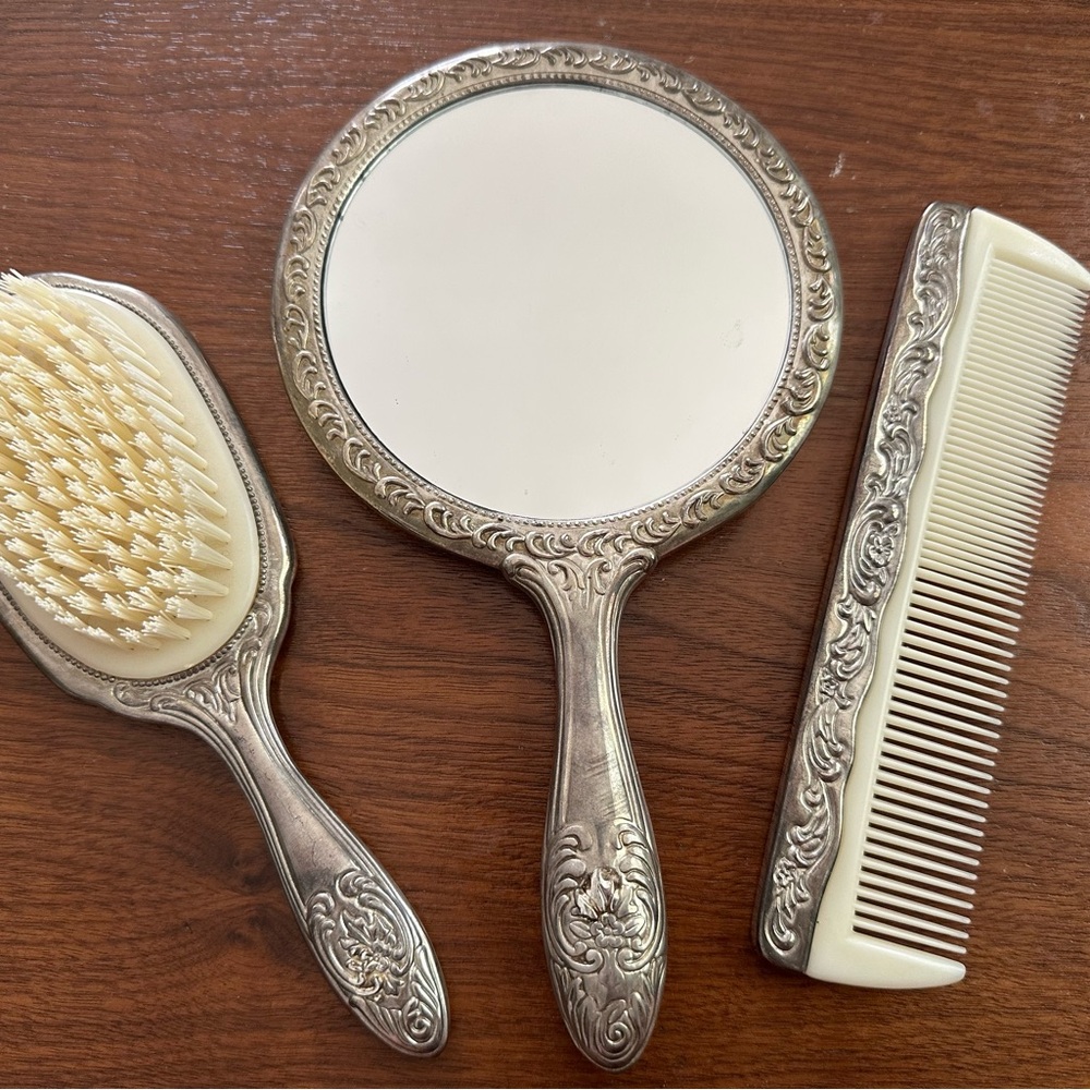 Elegant Vintage Silver Vanity Set with Mirror, Brush, and Comb